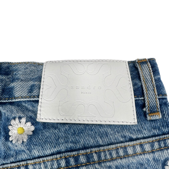 Sandro Paris Jeans Women's 36 Blue Denim Daisy Flower Embroidered Medium Wash - Picture 4 of 12